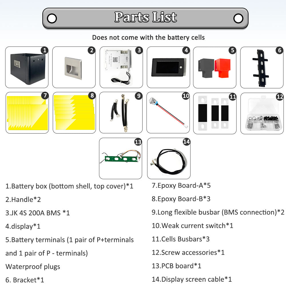 12V280AH 314AH DIY BOX KITS with JK BMS 200A bluetooth, Display without Batteries