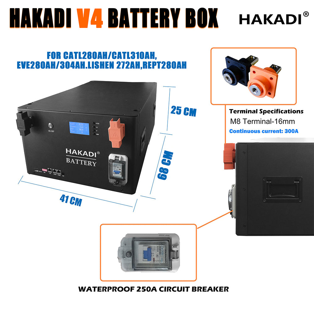 EU STOCK: HAKADI DIY BOX KIT Stackable 16S 48V 51.2V 15kwh LiFePO4 280Ah/302Ah Cell With Bluetooth 200A Smart BMS