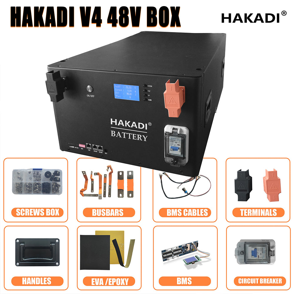 EU STOCK: HAKADI DIY BOX KIT Stackable 16S 48V 51.2V 15kwh LiFePO4 280Ah/302Ah Cell With Bluetooth 200A Smart BMS