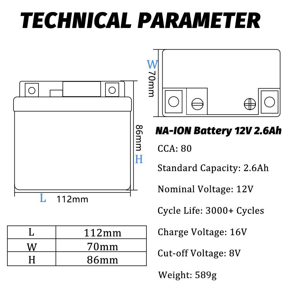 HAKADI Sodium ion Battery Pack 12V2.6A 80CCA Starting Power for Motor