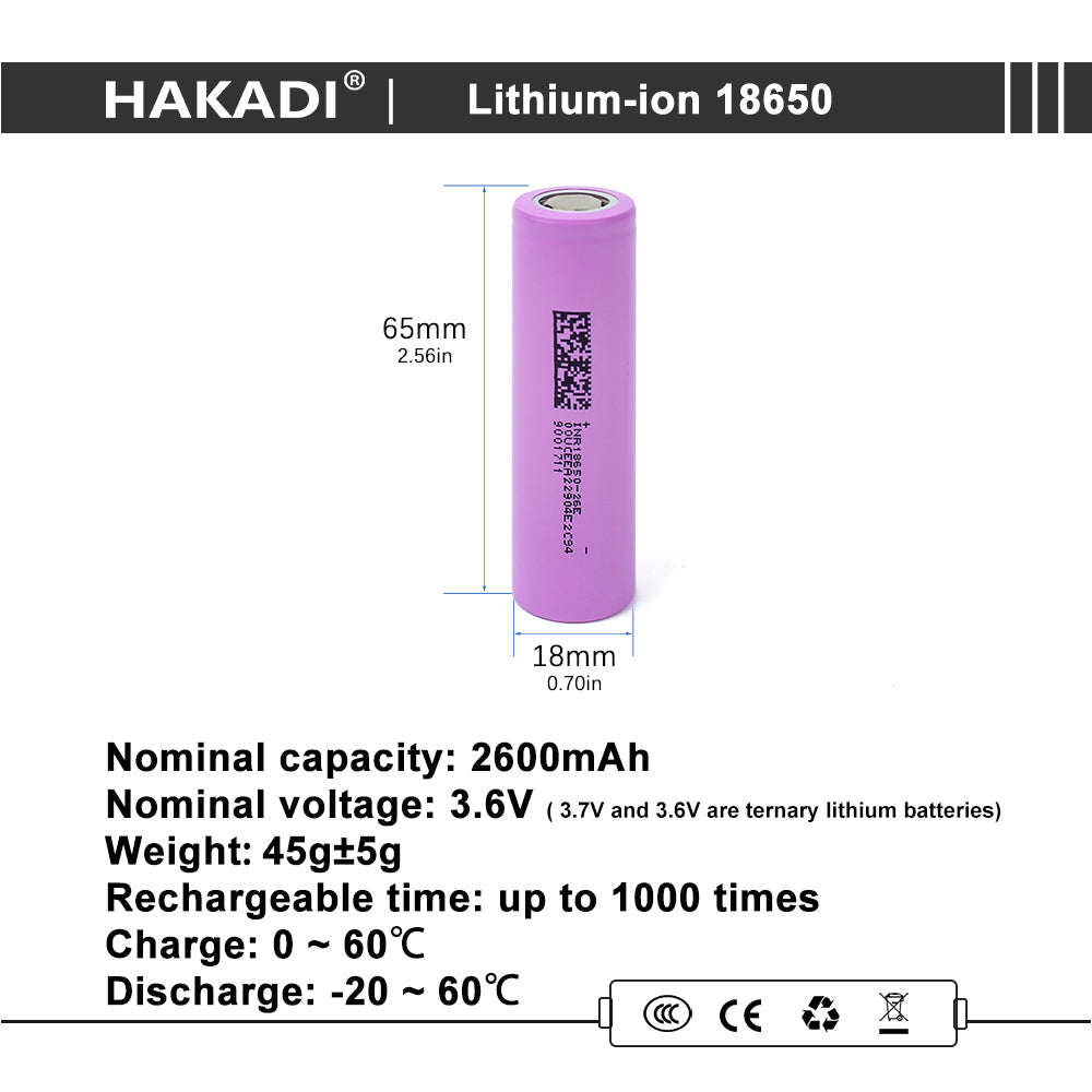 HAKADI Li-ion 18650 For Sale 3.7V 2600mah Power Battery Free shipping