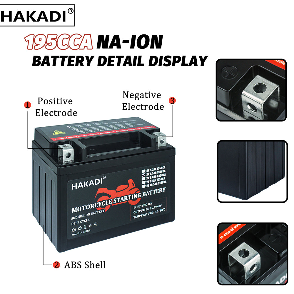 HAKADI 12V 6.5A Sodium-ion Battery Pack 195CCA Motor battery Power use