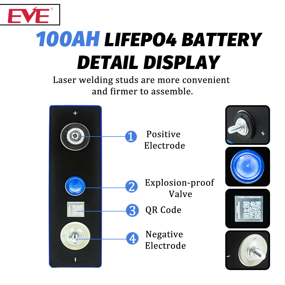 EVE 3.2V 100LA Grade A lifepo4 Battery Prismatic Rechargeable Cells for 12v 100A 24V 48V 5KWH