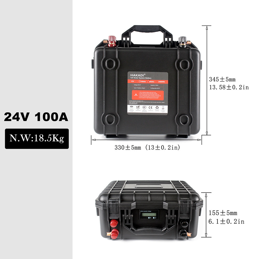 HAKADI 24V Lifepo4 Battery Case 100Ah 200Ah 2.5Kwh 6000 Cycles For Energy System Power Use At Home Outdoor Back-Up