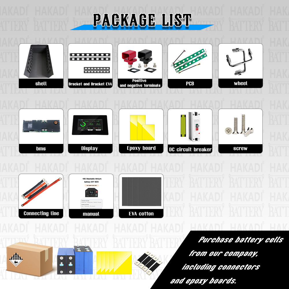 HAKADI Stackable Battery Case with JK BMS 200A V19 4.3'' LCD for 16S280 314 Box Kit 48V LFP PACK