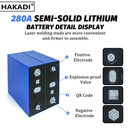 2024 New Product HAKADI Semi-solid State3.2V 280ah Lifepo4 battery 12000 Cycles No Smoke No Explosion Rechargeable Battery