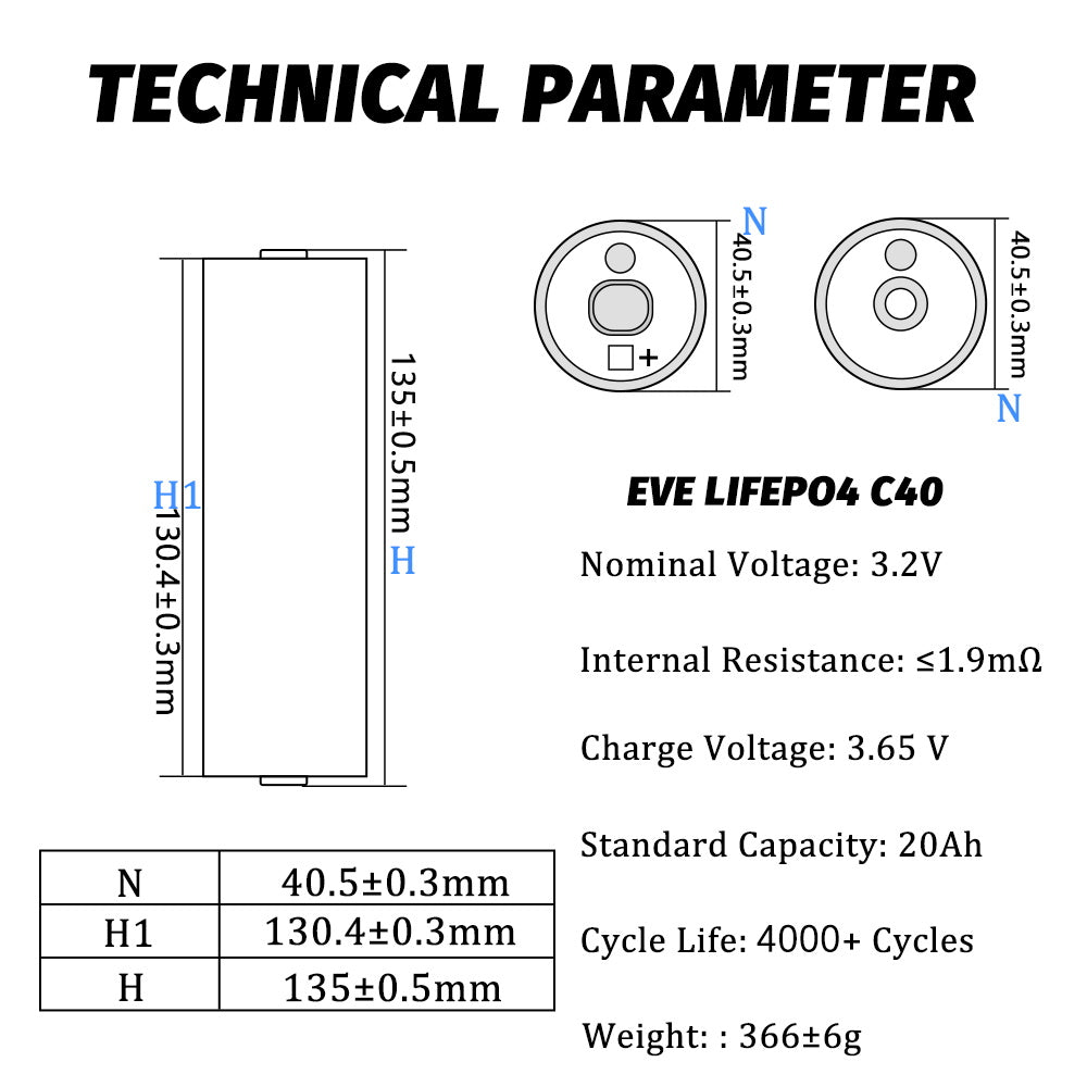EVE 40135/C40 3.2V 20A Cylindrical Lifepo4 battery Grade A 3C