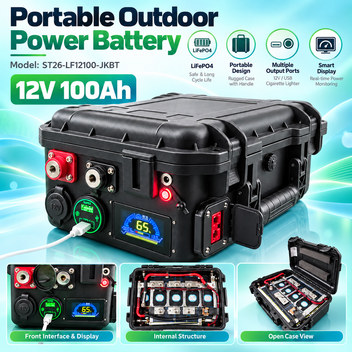 12V100Ah Outdoor Portable Battery Pack Lifepo4 Cells Grade A 4000 CYCLES with JK SMART BMS Car Socket USB Anderson