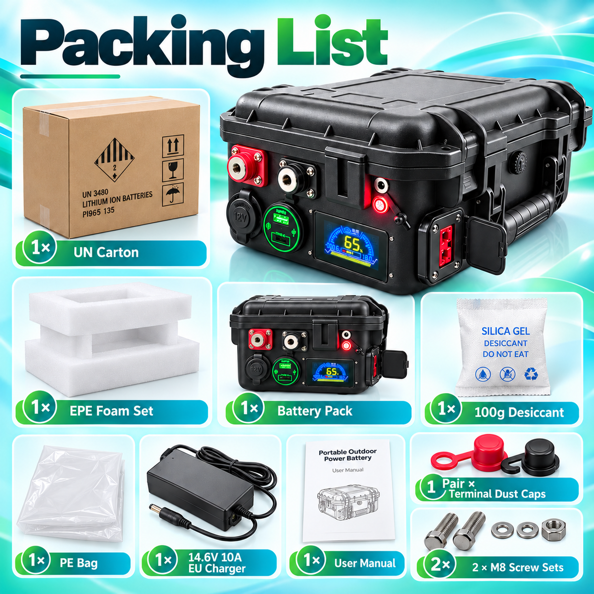 12V100Ah Outdoor Portable Battery Pack Lifepo4 Cells Grade A 4000 CYCLES with JK SMART BMS Car Socket USB Anderson