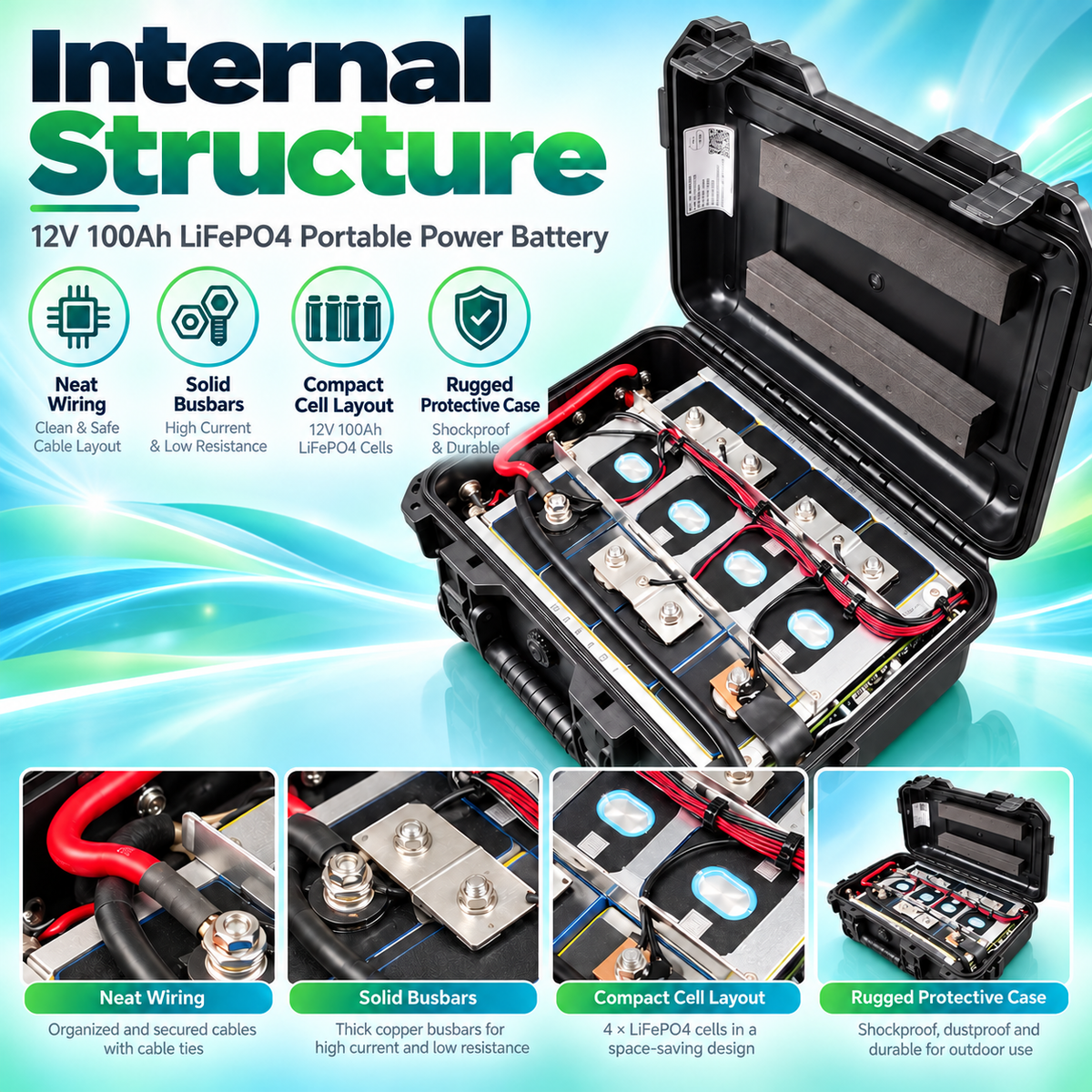 12V100Ah Outdoor Portable Battery Pack Lifepo4 Cells Grade A 4000 CYCLES with JK SMART BMS Car Socket USB Anderson