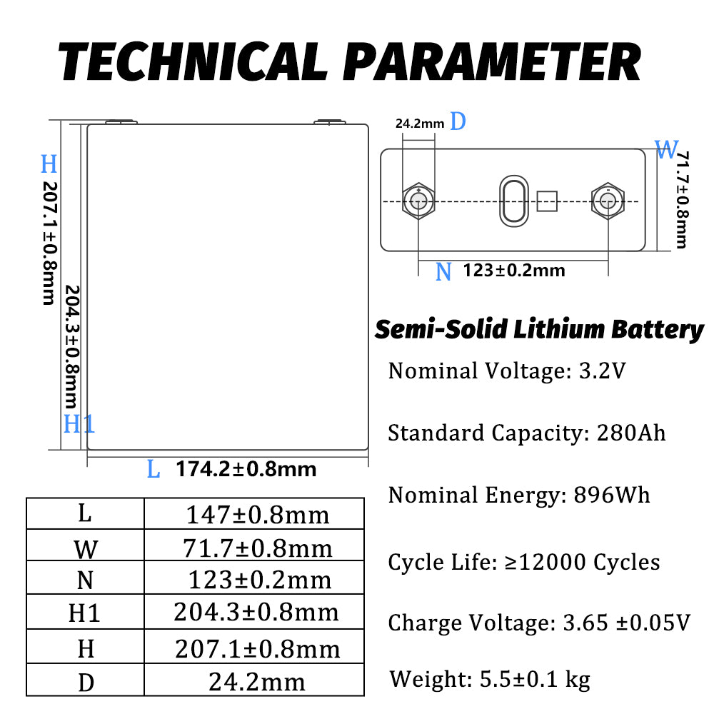 2024 New Product HAKADI Semi-solid State3.2V 280ah Lifepo4 battery 12000 Cycles No Smoke No Explosion Rechargeable Battery