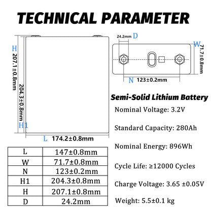 2024 New Product HAKADI Semi-solid State3.2V 280ah Lifepo4 battery 12000 Cycles No Smoke No Explosion Rechargeable Battery