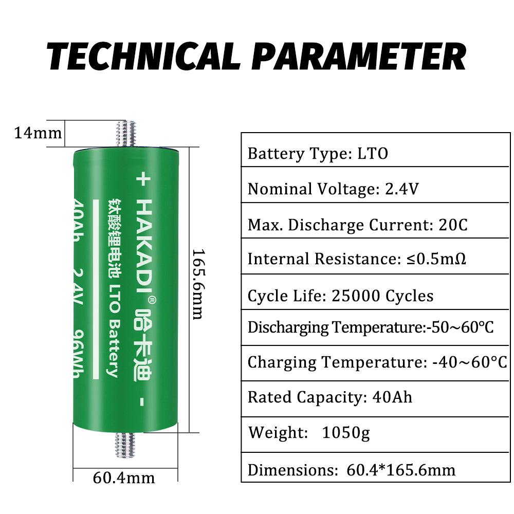 HAKADI LTO Battery 40ah Grade A 60165 20C Discharge Starting power Motor CAR Audio 25000 cycles