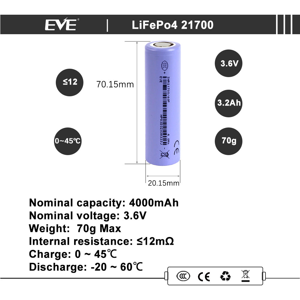 EVE INR21700/40P 3.65V 4000mah-50A Max li-ion battery NMC Cells