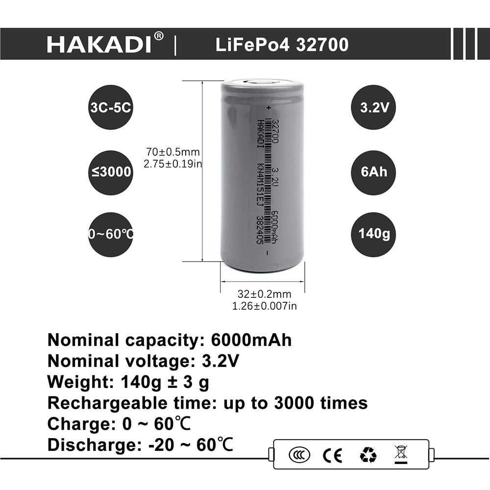 HAKADI 32700 Lifepo4 cells 3.2V 6000mAh Rechargeable Cylindrical DIY 12V 6A 12A 24A 18A pack ENergy Motor battery