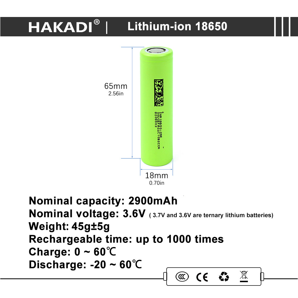 HAKADI 18650 3.7V 2900mAh 3c Rechargeable Lithium-Ion Battery For Suitable For Flashlight Small Electric Fan