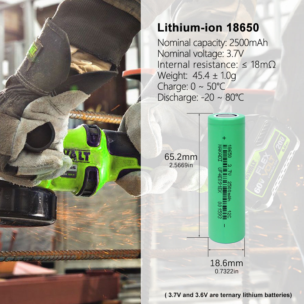 HAKADI NMC 18650 3.7v 2500mAh 12C Power li-ion cells High Rate Discharge Used For 12V5A Street Lights, Solar