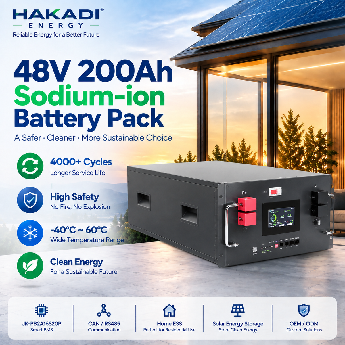 2026 NEW HAKADI Sodium Battery Pack 48V 10kwh 200A JK BMS Home Energy System 4000 Cycles