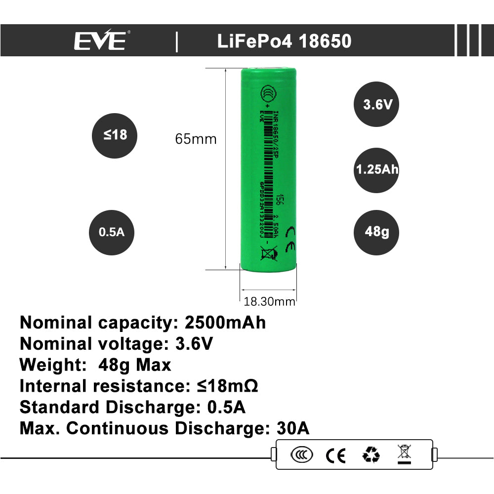 EVE INR/18650 25P 3.65V 2500mah-30A Max Li-ion NMC Power Cells