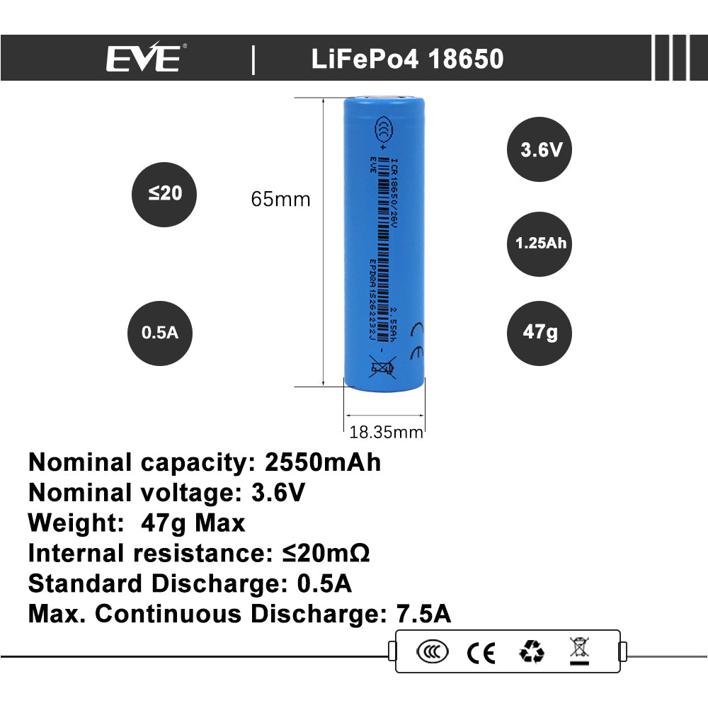 EVE INR/18650 26V 3.65V 2550mah-7.5A li-ion battery NMC Cells