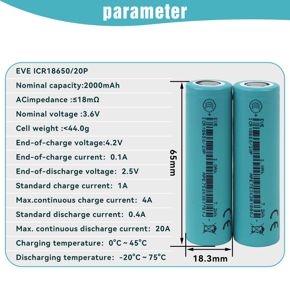 EVE ICR18650/20P 3.65V 2000mah-20A Max Li-ion Battery NMC Cells