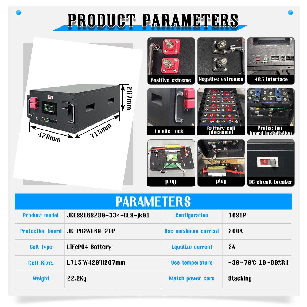 HAKADI Stackable Battery Case with JK BMS 200A V19 4.3'' LCD for 16S280 314 Box Kit 48V LFP PACK