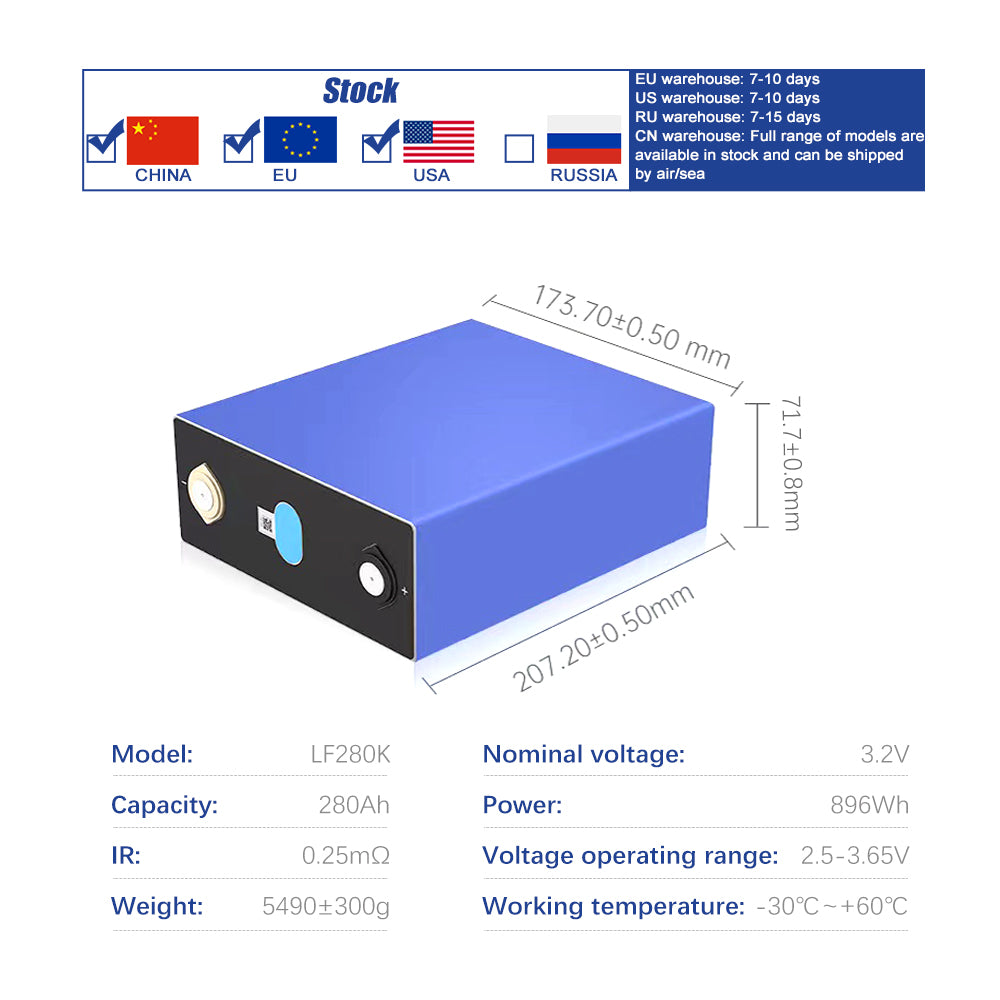 Europe Warehouse EVE 3.2V 280K V1 Grade A+ EV Lifepo4 Battery for Car 8000 Cycles Best Selling for 48V 280A Energy Storage System