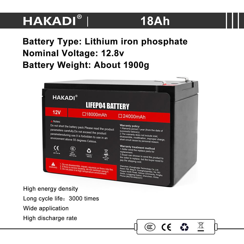 HAKADI Lifepo4 Battery 12V 18A Pack 3C Deep Cycles for Energy Storage System 12V 24V lifepo4