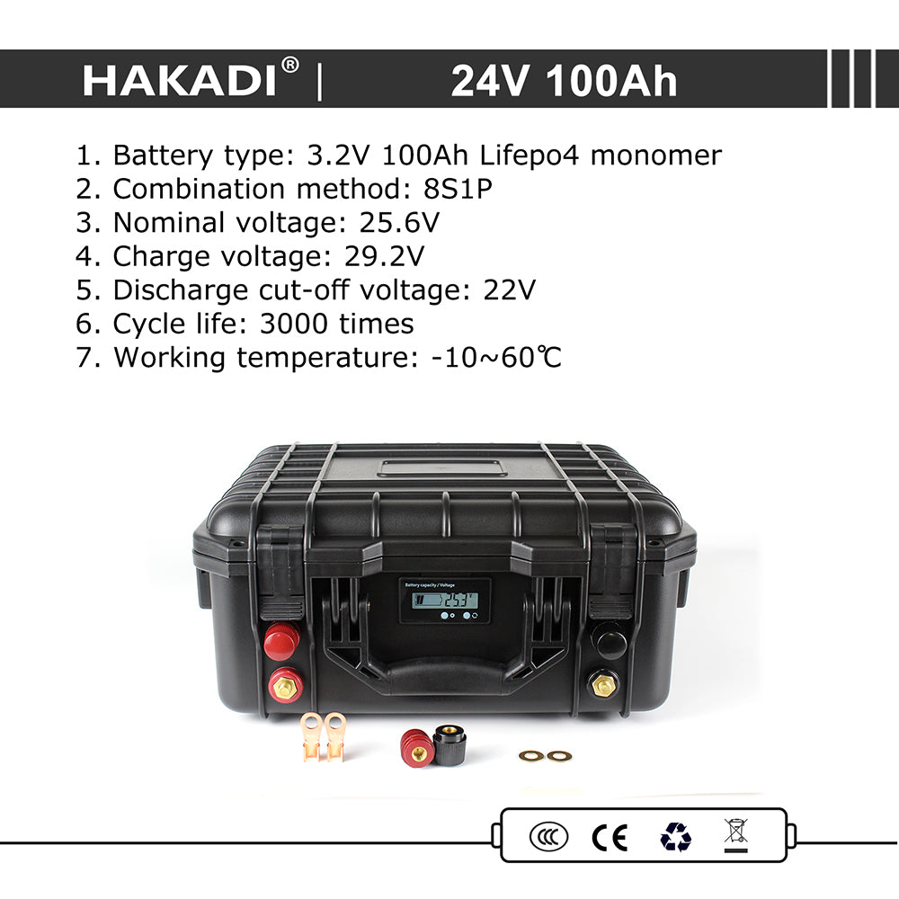 HAKADI 24V Lifepo4 Battery Case 100Ah 200Ah 2.5Kwh 6000 Cycles For Energy System Power Use At Home Outdoor Back-Up