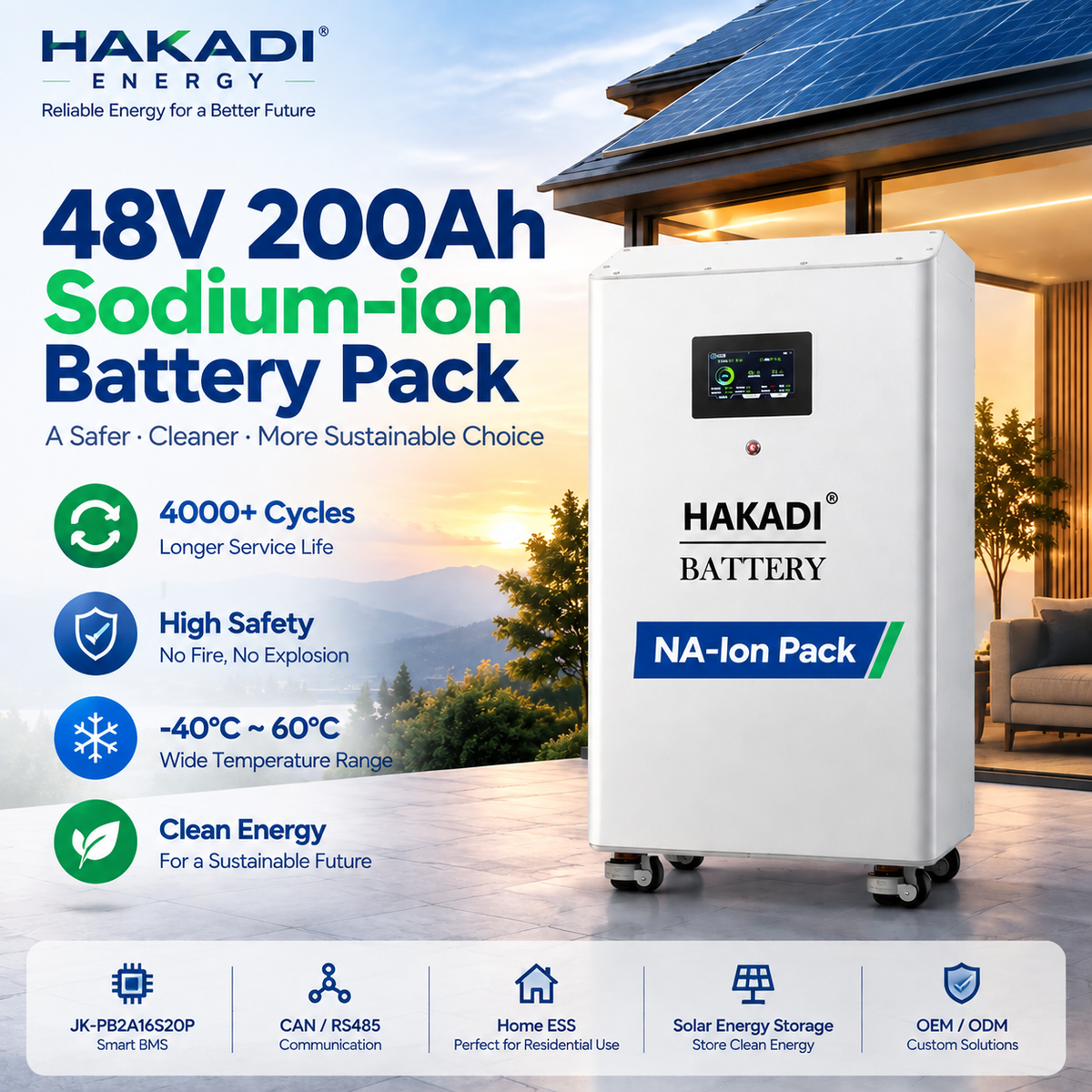 2026 NEW HAKADI Sodium Battery Pack 48V 10kwh 200A JK BMS Home Energy System 4000 Cycles