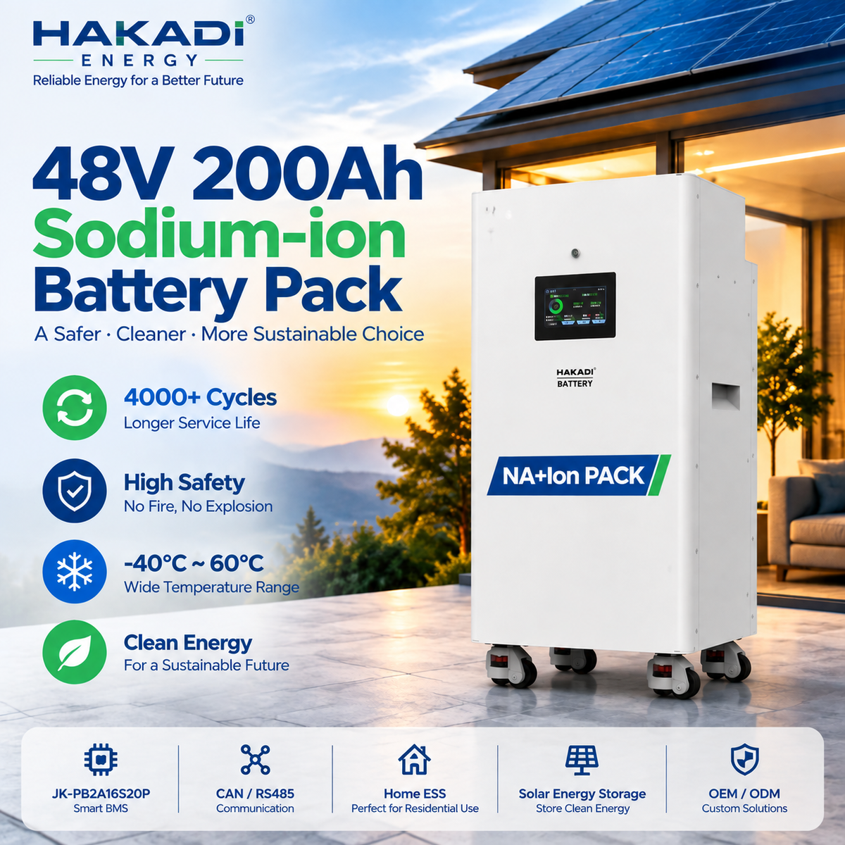 2026 NEW HAKADI Sodium Battery Pack 48V 10kwh 200A JK BMS Home Energy System 4000 Cycles